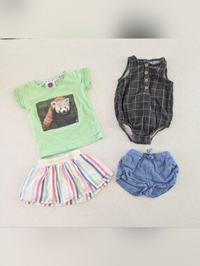 4 Piece Set - Red Panda, Rainbow Stripe Skirt, Chambray Shorts, Bodysuit Tank